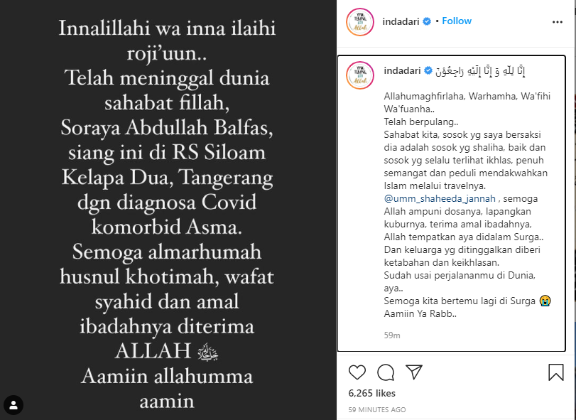 Ucapan duka yang disampaikan Indadari untuk almarhumah Soraya Abdullah. (Foto: Instagram)