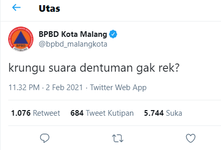 Suara dentuman misterius, BPBD Kota Malang belum mendapatkan informasi asal suaranya. (Foto:tangkapan layar via Twitter)