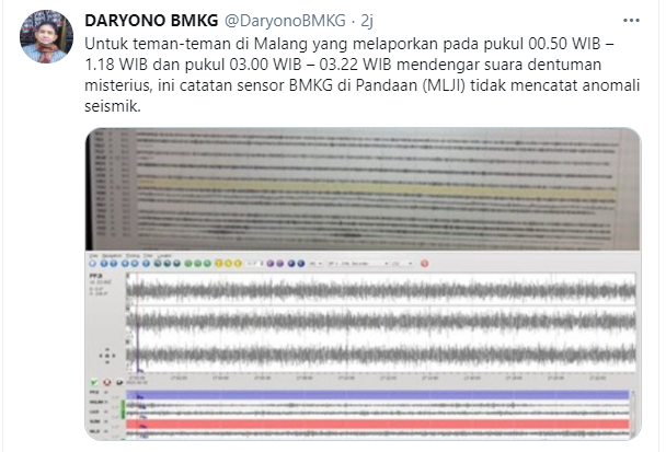 Kepala BMKG mencuitkan data aktivitas seismik dari Pandaan. (Foto: Tangkapan layar via Twitter)