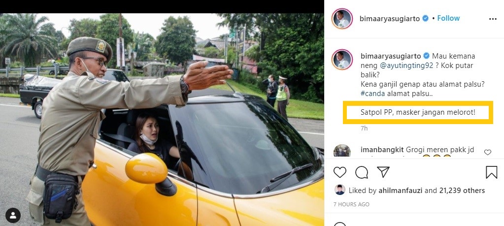 Walikota Bogor Bima Arya sentil masker yang melorot. (Foto: Instagram)