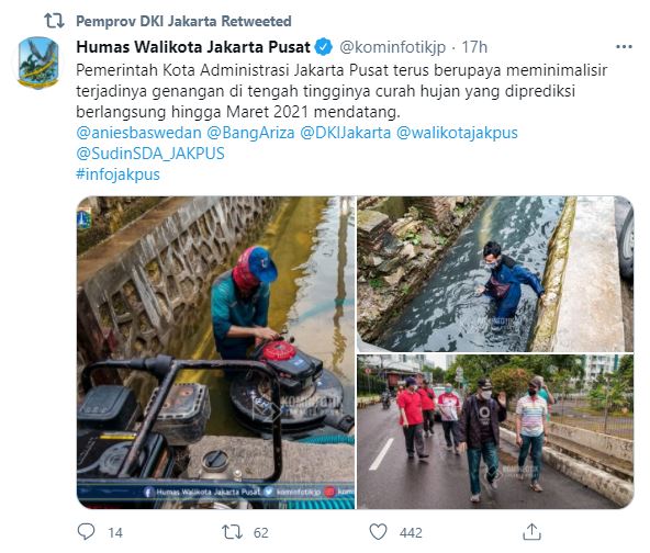 Pemkot DKI Jakarta berupaya mengurangi banjir di sejumlah kawasan. (Foto: Twitter)
