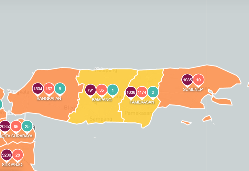 Sampang dan Pamekasan di Madura masuk jadi zona kuning di Jawa Timur. (Foto:Tangkapan layar Info Covid-19 Jawa Timur)