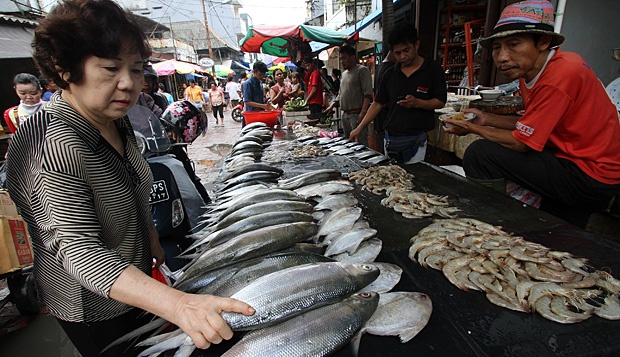 Salah satu pembeli sedang memilih bandeng jumbo di pasar bandeng dadakan di Rawa Belong Jakarta. (Foto: Asmanu Sudharso/Ngopibareng.id)