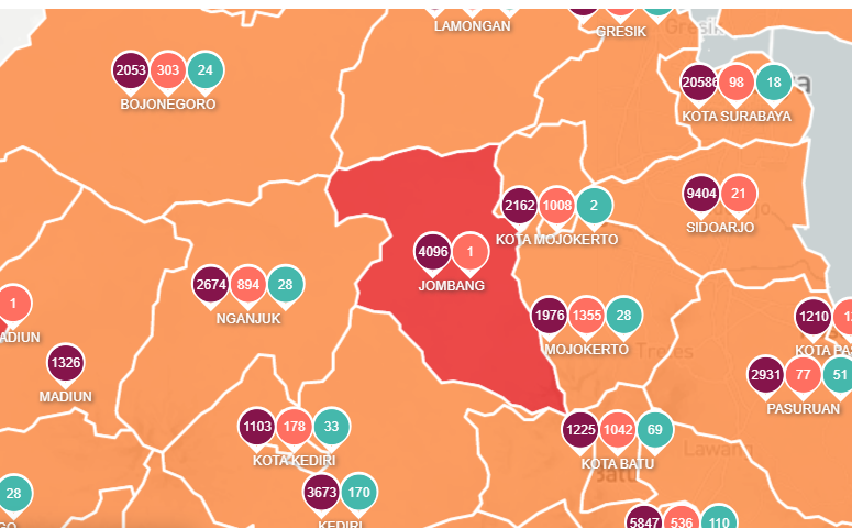 Jawa Timur laporkan 766 kasus harian Covid-19, sebanyak 60 orang meninggal di Jombang. (Foto: Tangkapan layar via Info Covid-19 Jawa Timur)