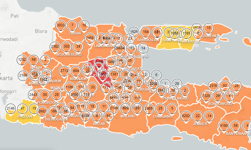 Jawa Timur melaporkan tambahan kasus baru sebanyak 560, per Sabtu 13 Februari 2021. (Foto:Tangkapan layar via Info Covid-19 Jawa Timur)