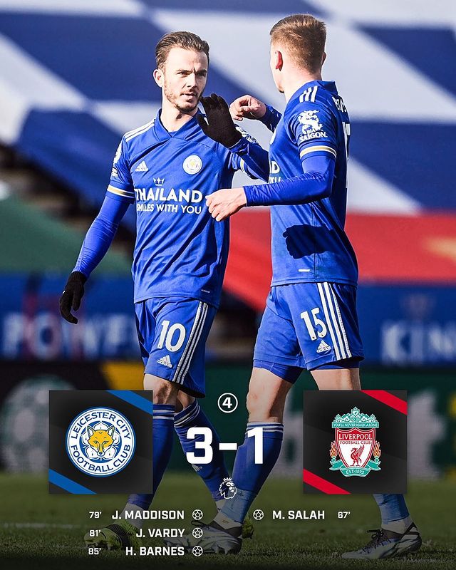 Skor 3-1 laga Leicester City vs Liverpool. (Grafis: Twitter)