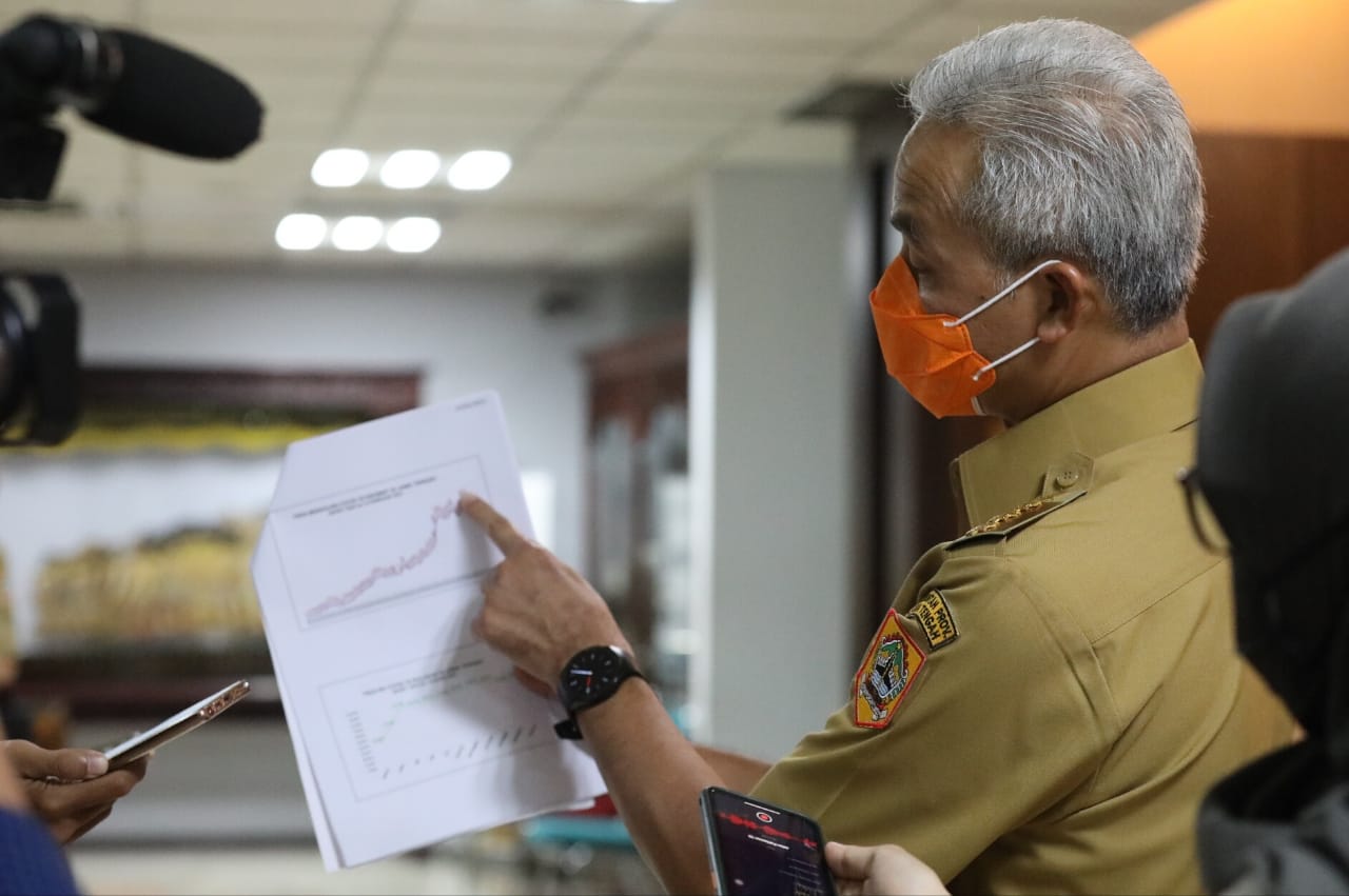 Ganjar menunjukkan grafik penurunan angka kasus covid-19 di Jateng. (Foto: Dok Prov Jateng)