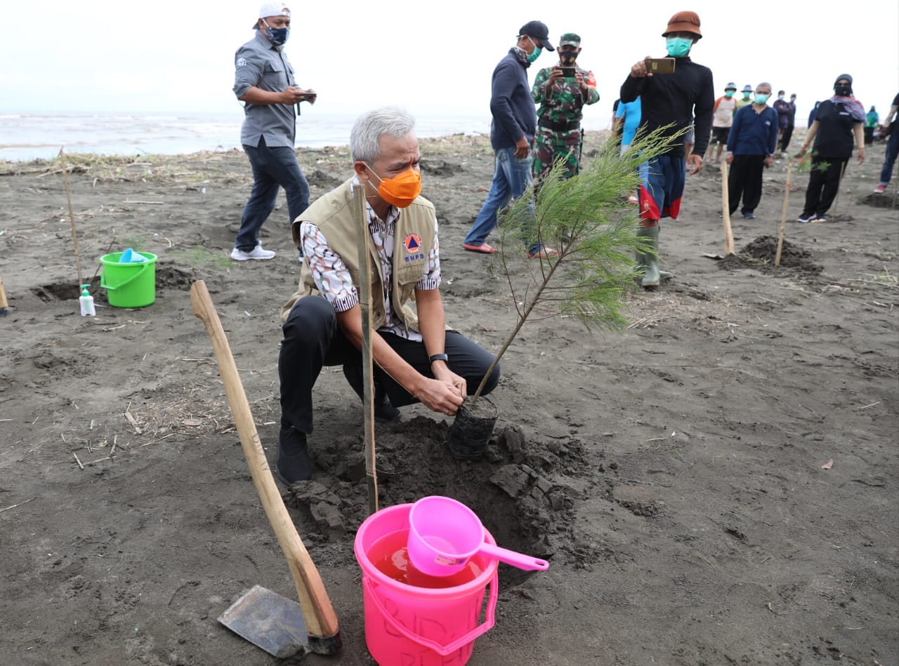 Gubernur Jawa Tengah, Ganjar Pranowo menanam pohon cemara laut di Pantai Indah Kemangi, Desa Jungsemi Kecamatan Kangkung Kabupaten Kendal, Rabu 17 Februari 2021. (Foto: Dok. Pemprov Jateng)