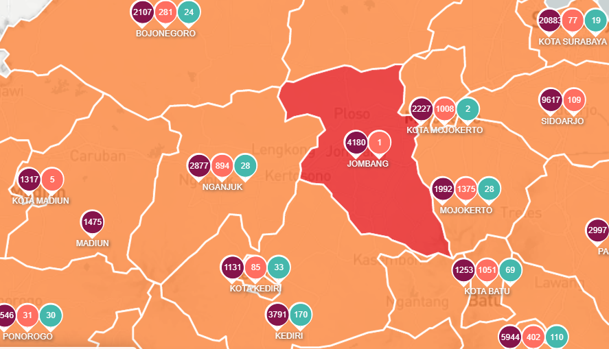 Zona merah di Jawa Timur tersisa di Jombang. (Foto: Tangkapan layar via Info Covid-19 Jawa Timur)
