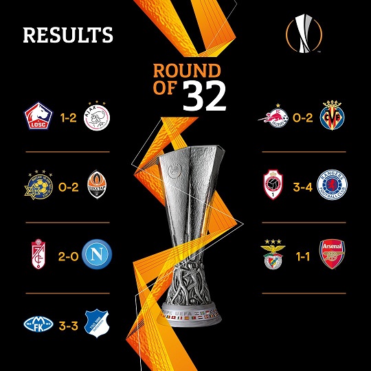 Hasil pertandingan leg pertama 32 besar Liga Europa musim 2020-2021, pada Kamis 18 Februari. (Grafis: Twitter) Hasil pertandingan leg pertama 32 besar Liga Europa musim 2020-2021, pada Kamis 18 Februari. (Grafis: Twitter)