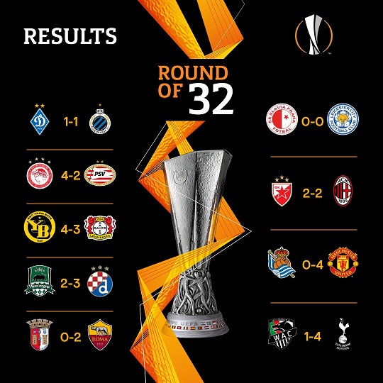 Hasil pertandingan leg pertama 32 besar Liga Europa musim 2020-2021, pada Kamis 18 Februari. (Grafis: Twitter) Hasil pertandingan leg pertama 32 besar Liga Europa musim 2020-2021, pada Kamis 18 Februari. (Grafis: Twitter)