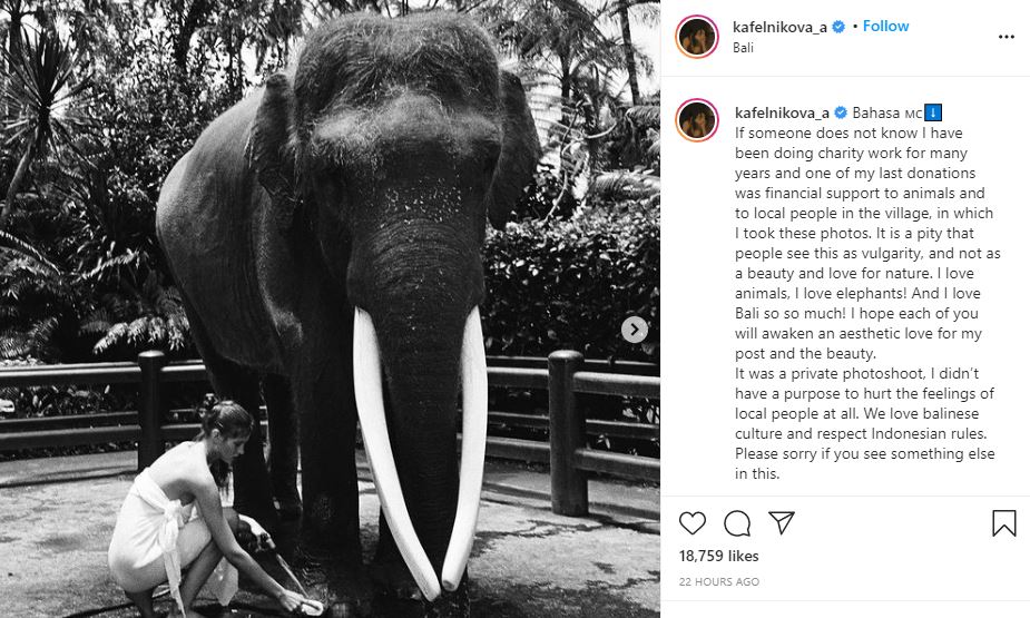 Alesya Kafelnikova meminta maaf atas unggahan foto bugilnya di punggung gajah. Ia sendiri sudah menghapus foto yang menuai kontroversi tersebut. (Foto: Instagram)