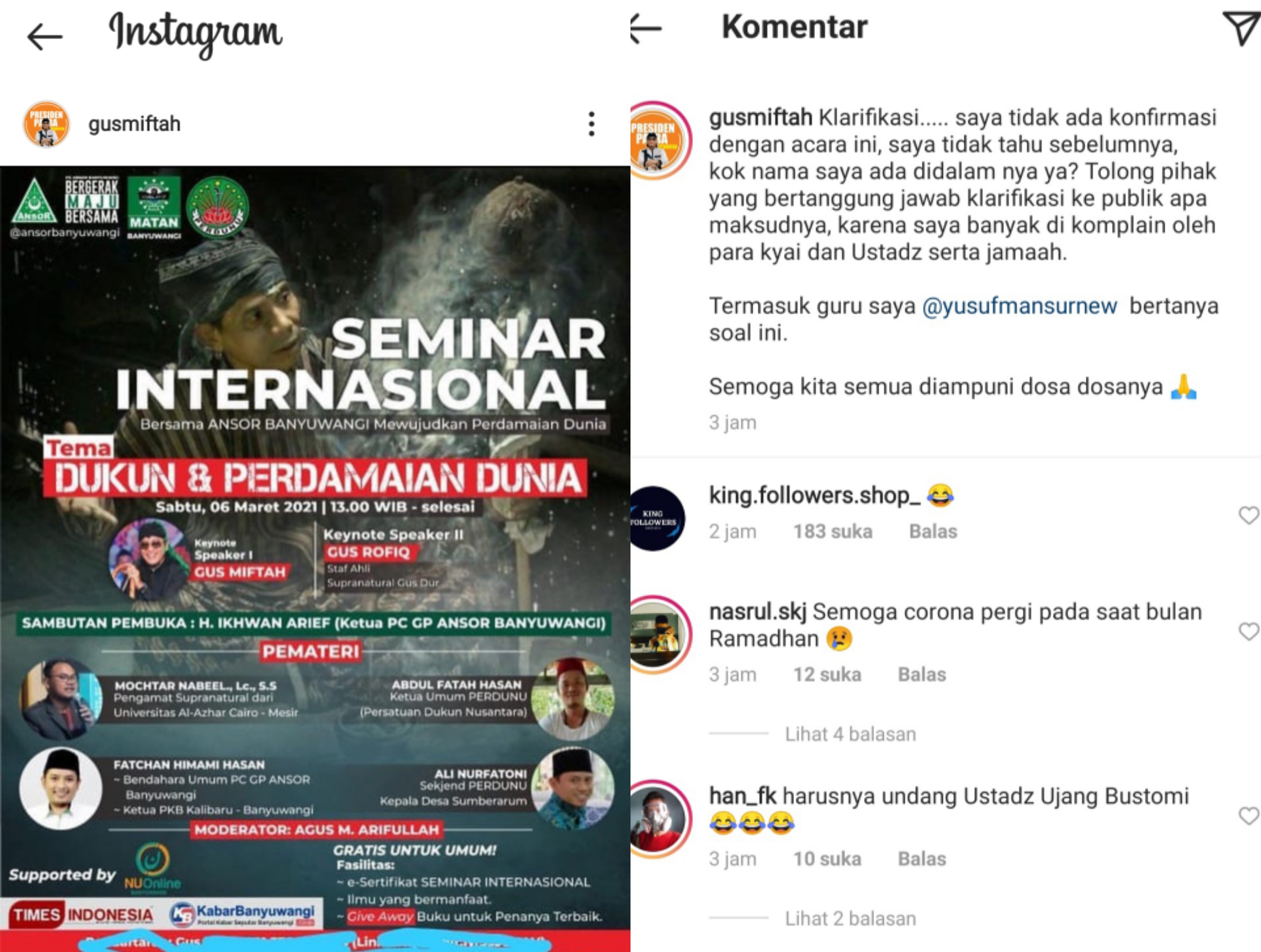 Tangkapan layar klarifikasi Gus Miftah terkait pencantuman namanya dalam flyer Seminar Internasional (foto:istimewa)