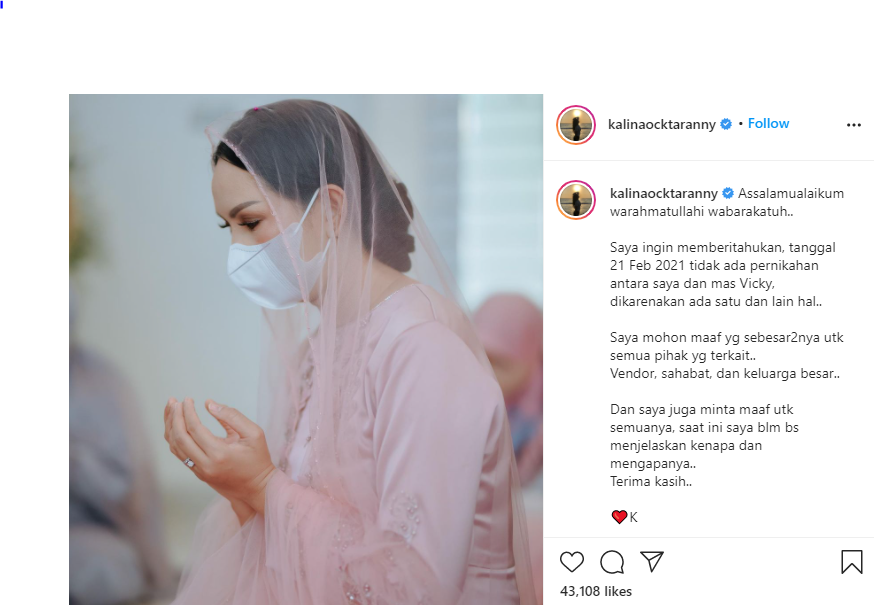 Kalina Octaranny membatalkan pernikahan lewat unggahan di Instagram. (Foto: Instagram @kalinaoctaranny)