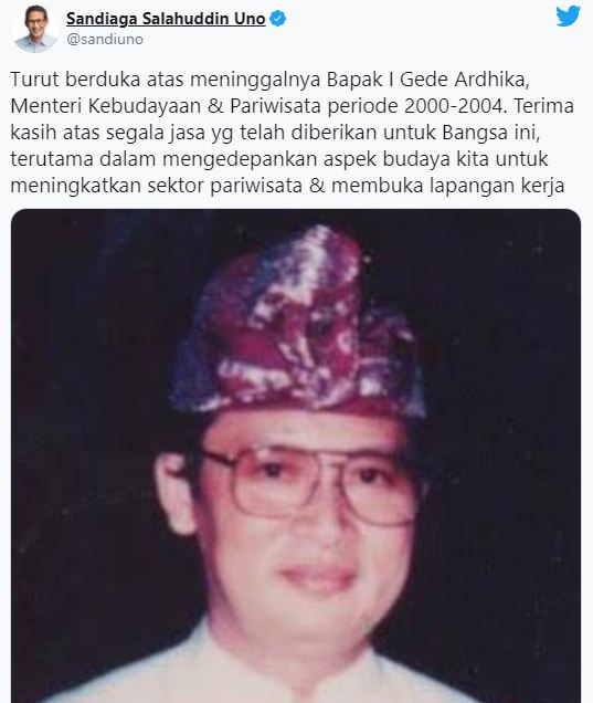 Ucapan duka disampaikan Menteri Pariwisata dan Ekonomi Kreatif (Menparekraf) Sandiaga Uno dalam akun Twitter-nya. (Foto: Twitter)
