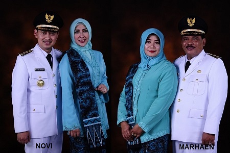 Foto pelantikan Bupati Nganjuk, Novi Rahman Hidayat dan wakilnya, Marhaen Djumadi dan istrinya, Wahyuni (kanan). (Foto: Dok. Pemkab Nganjuk)