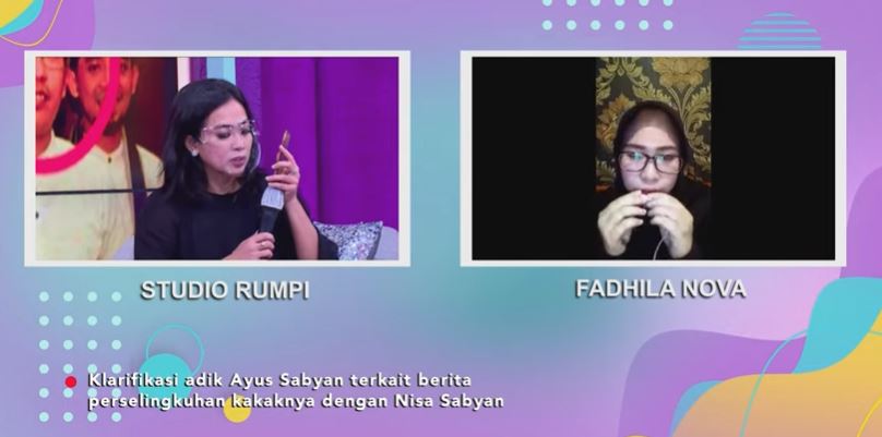 Fadhila Nova, adik Ayus saat tampil live melalui video call di tayangan Rumpi: No Secret, yang dipandu Feni Rose. (Foto: YouTube Feni Rose)