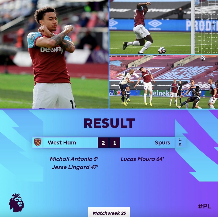 Jesse Lingard sukses cetak gol untuk kemenangan West Ham United. (Grafis: Twitter @premiereleague)