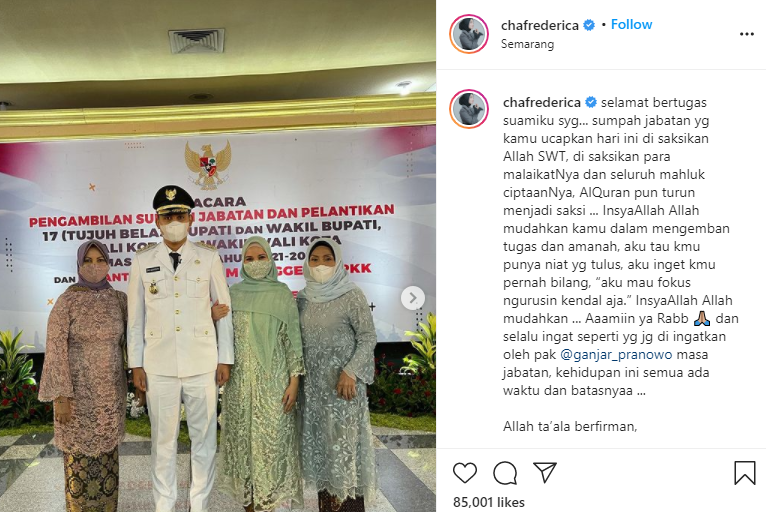 Chacha Frederica mendampingi suami saat dilantik sebagai Bupati Kendal oleh Gubernur Jawa Tengah, Ganjar Pranowo. (Foto: Instagram @chafrederica)