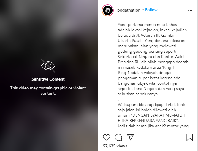 Unggahan video moge menerobos Ring 1 sudah dihapus secara otomatis oleh Instagram. (Foto: Instagram)