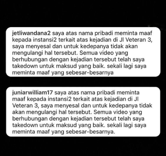 Permintaan maaf pengendara moge yang mengunggah video. (Foto: Instagram)