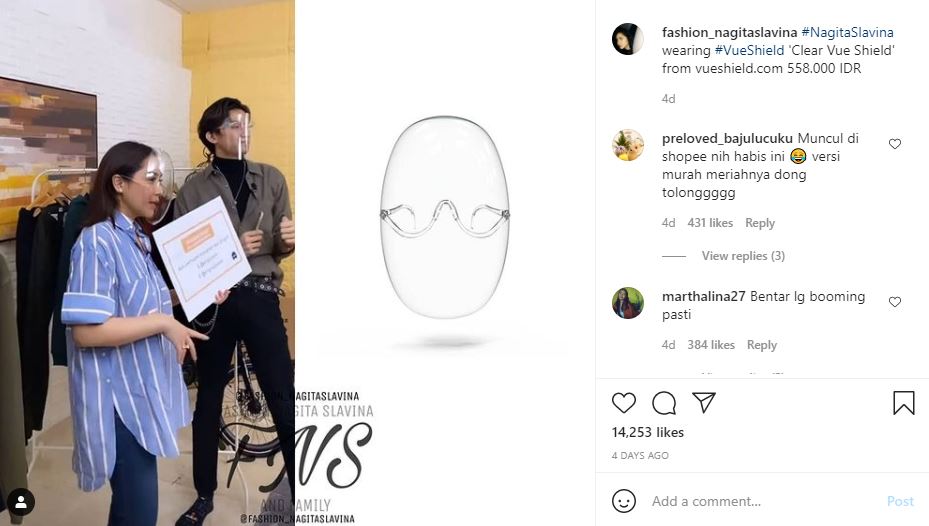 Nagita Slavina mengenakan face shield produk Clear Vue Shield dari Vue Shield. (Foto: Instagram)