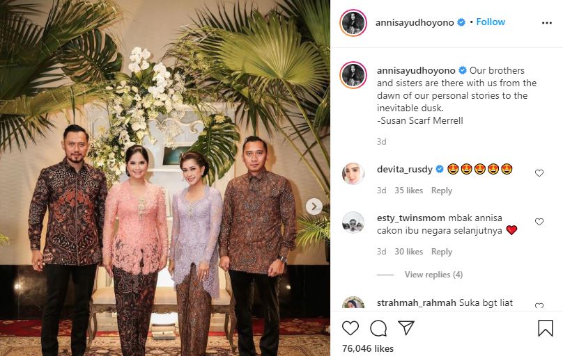 Annisa Pohan mengunggah foto kebersamaannya dengan suami, AHY beserta adik iparnya, Ibas dan istri, Ruby. (Foto: Instagram)