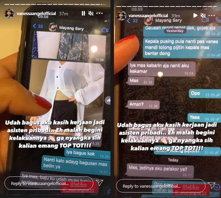 Vanessa Angel membongkar chat mesra asisten pribadinya. Tak disangka Bibi Ardiansyah juga merespon hingga minta pijat. (Foto: Instagram)