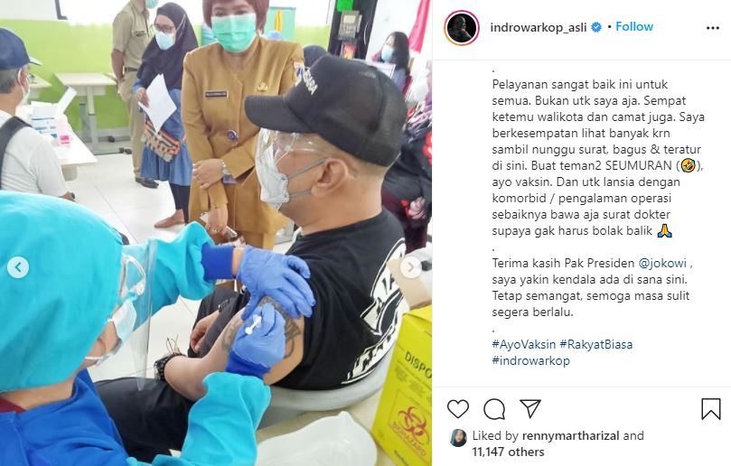 Indro Warkop suntik vaksin Covid-19 untuk lansia setelah mendapatkan surat rekomendasi dari dokter jantung. (Foto: Instagram)