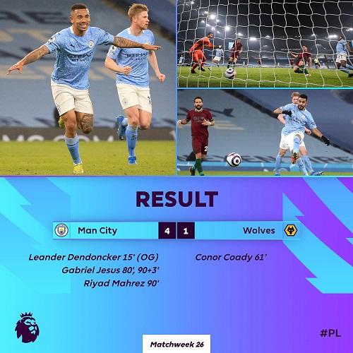 Hasil pertandingan Manchester City vs Wolverhampton. (Foto: Twitter @premierleague)