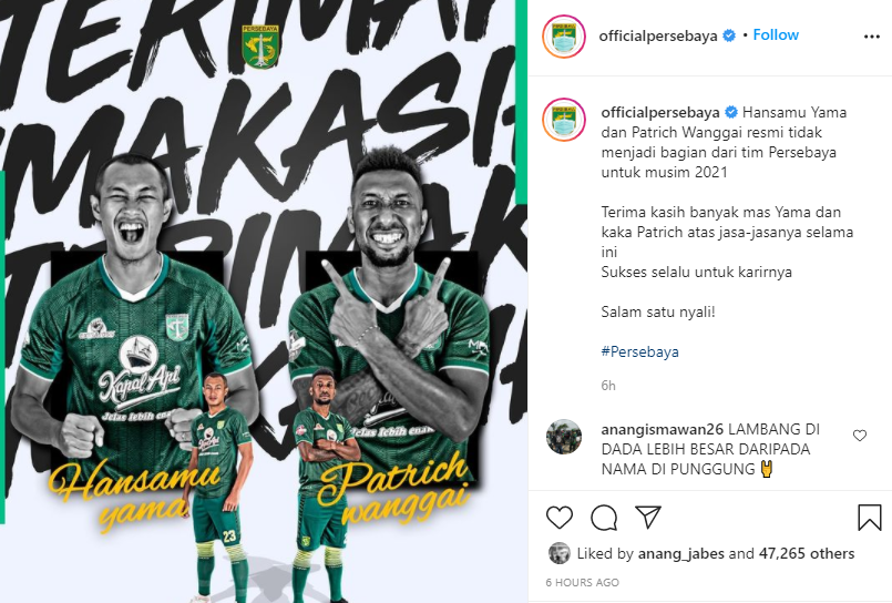 Persebaya resmi umumkan keluarnya Hansamu Yama dan Patrich Wanggai. (Grafis: Instagram @persebaya.id)