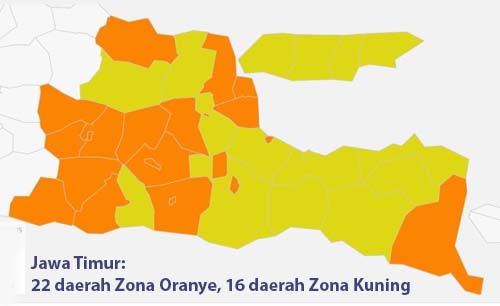 Zonasi wilayah Jawa Timur, 22 daerah kota/kabupaten zona oranye, 16 daerah zona kuning. (Foto: Satgas Covid-19)