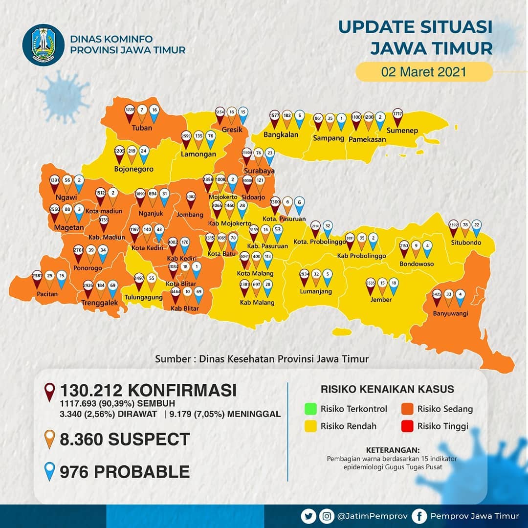 Peta sebaran Covid-19 di Jatim. (Foto: Istimewa)