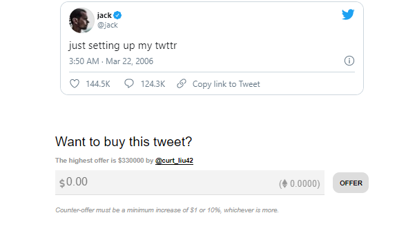 Cuitan pertama Jack Dorsey yang dilelang di laman Valuable by Cent. (Foto: Tangkapan layar via v.cent.co)