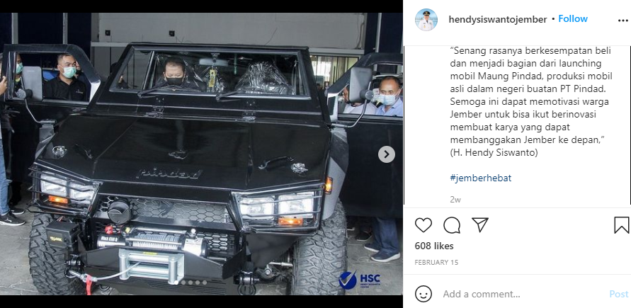 Bupati Jember, Hendy Siswanto merupakan pejabat pertama pemilik Maung Pindad. (Foto: Instagram)