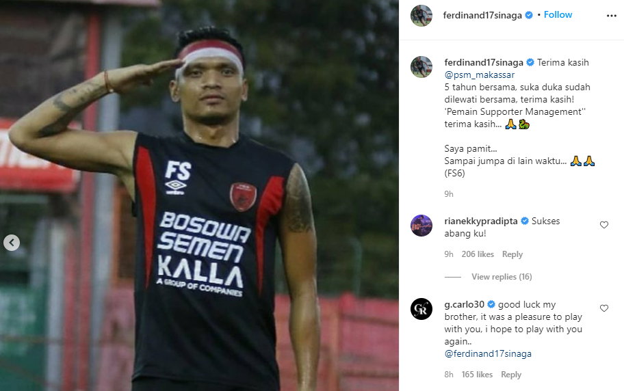 Ferdinand Sinaga pamitan dengan PSM Makassar. (Foto: Instagram)