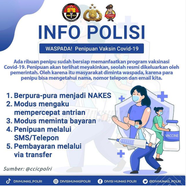 Masyarakat diimbau waspada terhadap modus penipuan yang mengatasnamakan vaksin Covid-19. (Grafis: Instagram @polrestagresik)