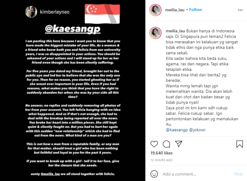 Curhat Meilia Lau, ibu Felicia Tissue yang tak terima Kaesang tiba-tiba menghilang. (Foto: Instagram)