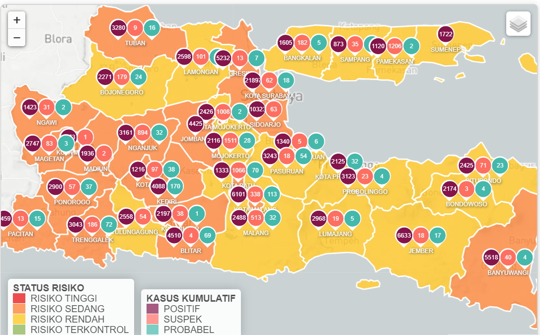 Jawa Timur catat nihil zona merah dan 16 daerah masuk zona kuning. (Foto: Tangkapan layar via Info Covid-19)