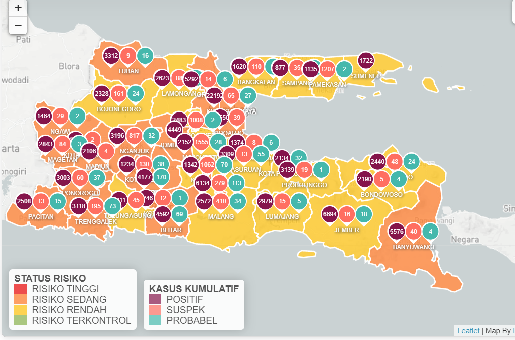 Update Covid-19 per Rabu, 17 Maret 2021. Indonesia laporkan 6.825 kasus Covid-19 baru, dan terdapat 22 zona oranye di Jawa Timur. (Foto: Tangkapan layar via Info Covid-19 Jawa Timur)