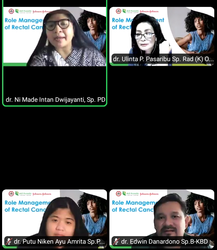 Webinar Adi Husada Cancer Center (AHCC) dengan tiga pembicara, yakni dr. Edwin Danardono, Sp.B-KBD, dr. Ulinta P.Pasaribu, Sp.Rad (K) Onk.Rad, dan dr. Putu Niken Ayu Amrita, Sp.PD-KHOM. Mereka menjelaskan tentang pengobatan kanker rectal. (Foto: Istimewa)