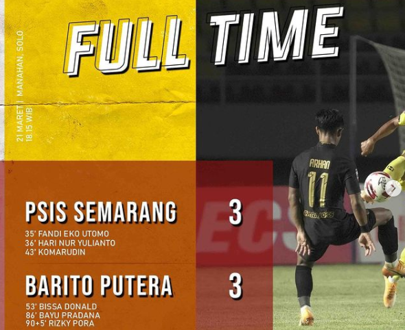 Pesta gol, PSIS Semarang vs Barito Putera 3-3 di laga Piala Menpora 2021. (Grafis: Instagram)