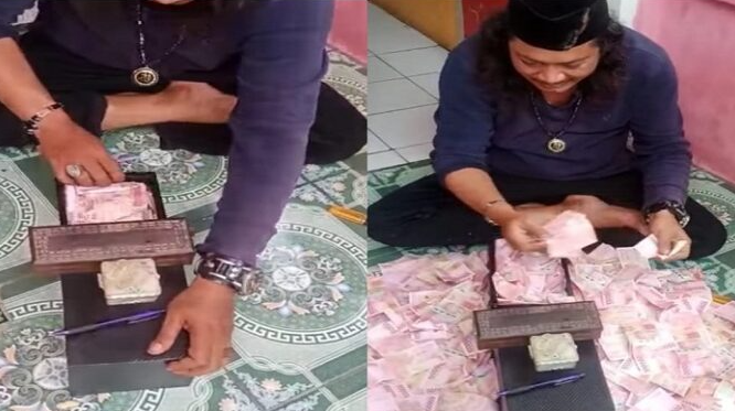 Herman atau pria gondrong yang viral karena video penggandaan uang pakai jenglot. (Foto: Tangkapan layar Facebook/YouTube)