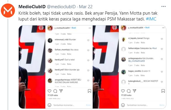 Yann Motta, bek baru Persija juga tak luput dari rasisme. (Foto: Tangkapan layar Twitter)