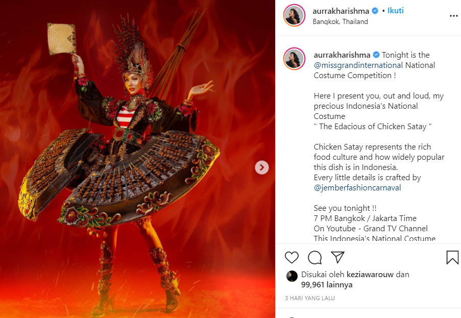 Aurra Kharisma dalam balutan kostum nasional bertema Sate Madura, di gelaran Miss Grand International 2021. (Foto: Instagram)