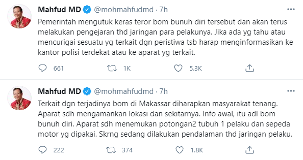 Pernyataan sikap Menteri Kordinator Bidang Politik Hukum dan HAM (Menko Polhukam), Mahfud MD, terkait peristiwa ledakan bom bunuh diri di gerbang Gereja Hati Yesus Yang Mahakudus atau Gereja Katedral Makassar, Minggu 28 Maret 2021. (Foto: Twitter)