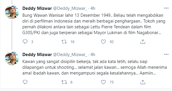 Aktor senior Deddy Mizwar mengenang kebersamaannya dengan mendiang Wawan Wanisar. (Foto: Tangkapan layar)