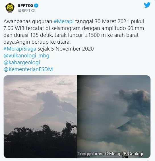 Balai Penyelidikan dan Pengembangan Teknologi Kebencanaan Geologi (BPPTKG) mengabarkan awan panas guguran Gunung Merapi terjadi pada Selasa, 30 Maret 2021 pukul 07.06 WIB. (Foto: Twitter @BPPTKG)