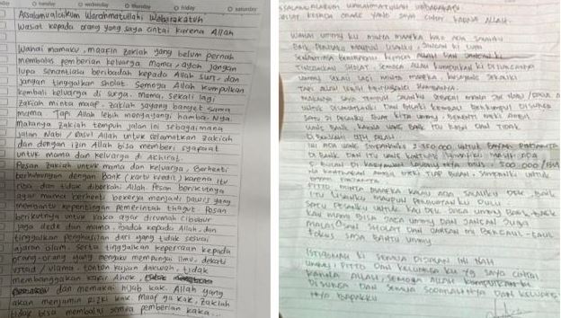 Kesamaan isi surat wasiat dua terduga teroris penyerang Mabes Polri, Zakiah Aini dengan Lukman Alfariz, pelaku bom bunuh diri bersama sang istri di Gereja Hati Yesus Yang Mahakudus atau Gereja Katedral Makassar, pada Minggu 28 Maret 2021. (Foto: Kolase)