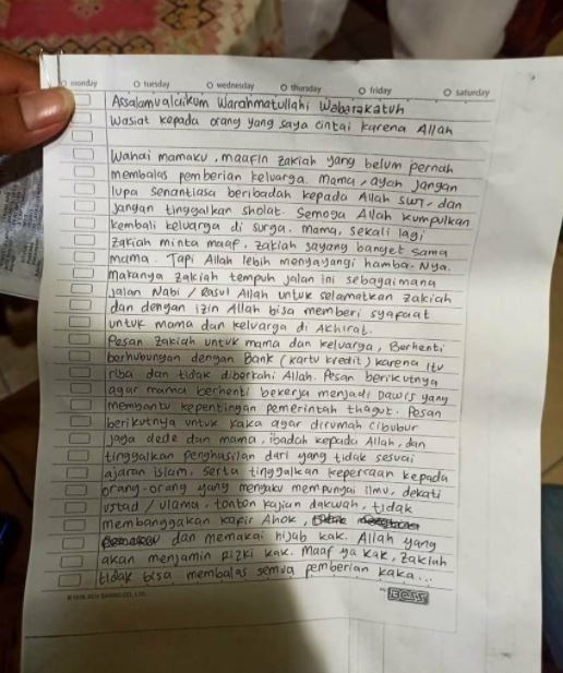 Surat wasiat yang diduga ditulis Zakiah Aini untuk keluarganya sebelum melancarkan aksinya di Mabes Polri, Jalan Trunojoyo, Jakarta Selatan, Rabu 31 Maret 2021. (Foto: Istimewa)